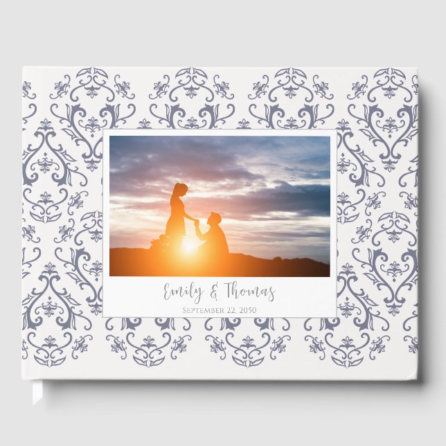 Libro De Visitas Boda Clásico Elegante Patrón Damask Marina Azul (Anverso)