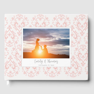 Libro De Visitas Boda Clásico Elegante Patrón Damask Peach Coral