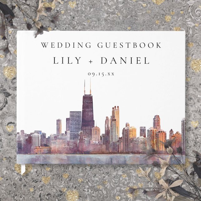 Libro De Visitas Boda con acuarela del horizonte de Chicago (Chicago Skyline Watercolor Wedding Guest Book)
