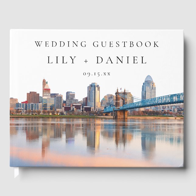 Libro De Visitas Boda con acuarela del horizonte de Cincinnati (Anverso)