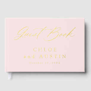 Libro De Visitas Boda con Caligrafía Elegante de Rosa y Dorado
