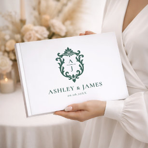 Libro De Visitas Boda con Cresta de Monograma Ornata Verde Salvia