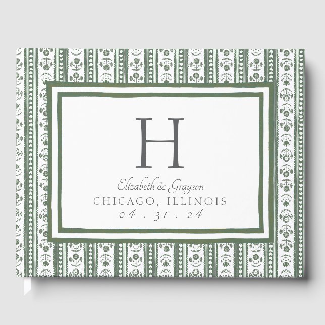 Libro De Visitas Boda con estampado botánico verde y blanco (Anverso)