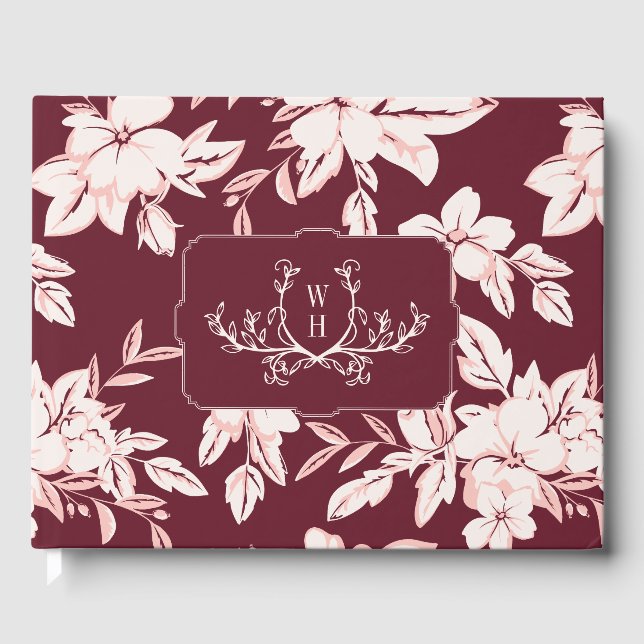 Libro De Visitas Boda con flores de borgoña sonrosadas con monogram (Anverso)