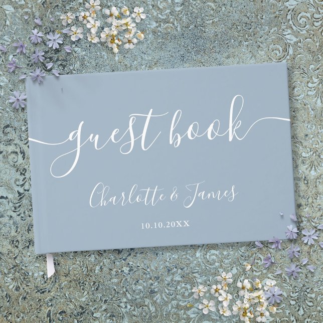 Libro De Visitas Boda con guión de firma azul polvoriento (Dusty Blue Signature Script Wedding Guest Book)