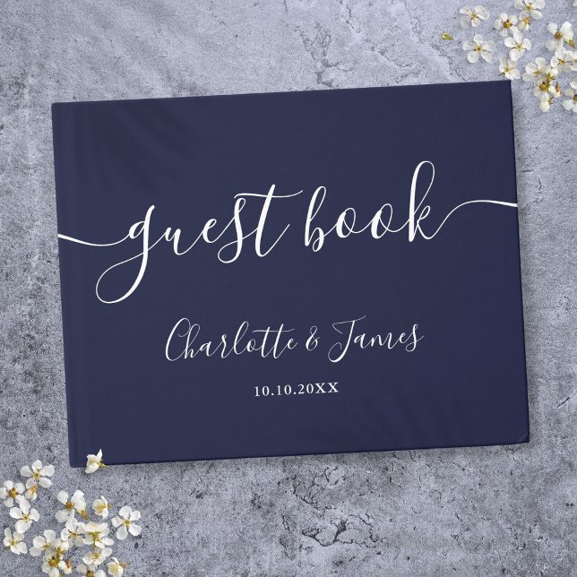 Libro De Visitas Boda con letra de firma azul marino (Navy Blue Signature Script Wedding Guest Book)