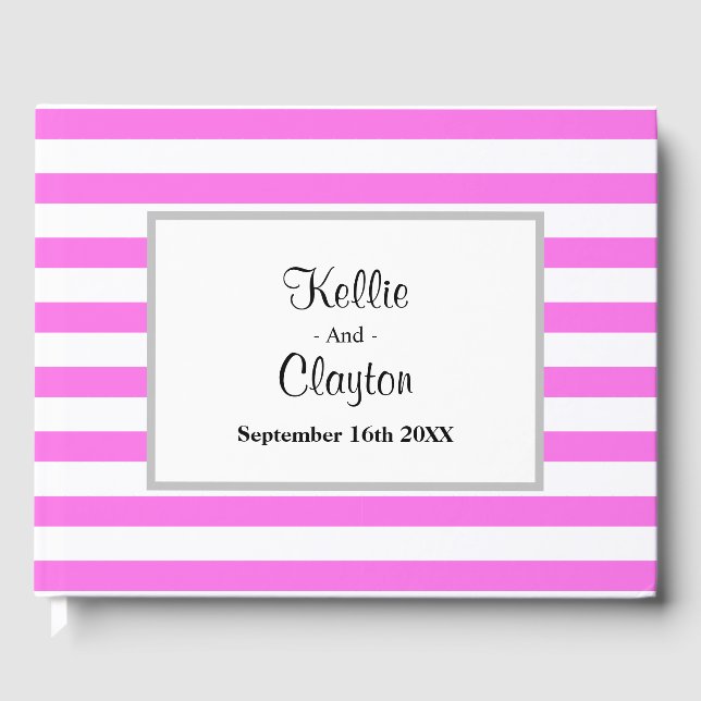 Libro De Visitas Boda con marco de franjas rosadas/blancas (Anverso)