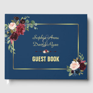 Libro De Visitas Boda con marco dorado y floral de color azul marin