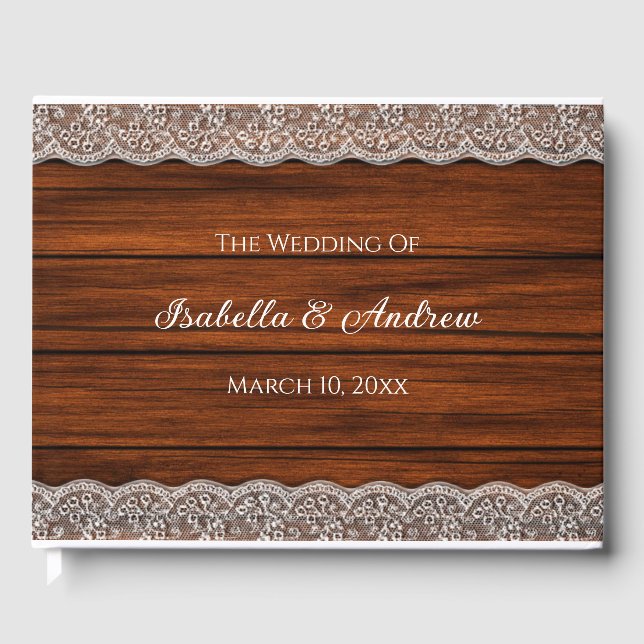 Libro De Visitas Boda con patrón de madera de encaje rústico (Anverso)