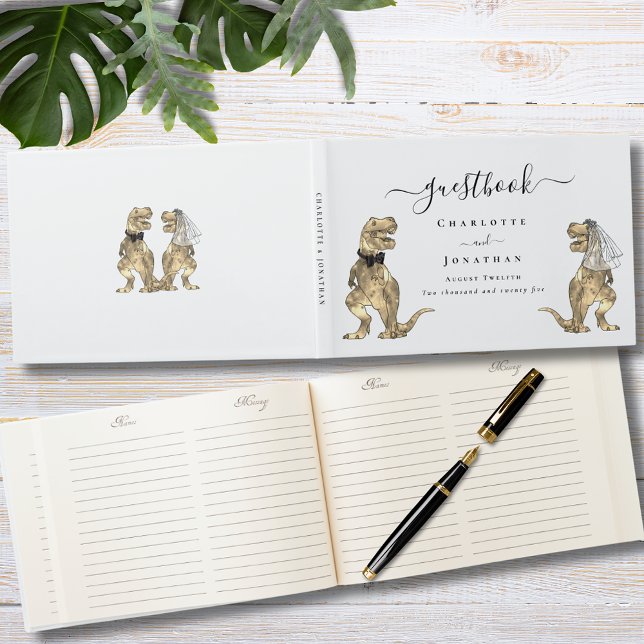 Libro De Visitas Boda con tema de dinosaurios personalizada (Dinosaur themed wedding T-Rex bride and groom custom guest book keepsake )