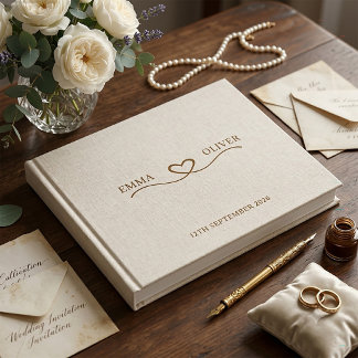 Libro De Visitas Boda Corazón Escritura Minimalista Crema Lino Beig