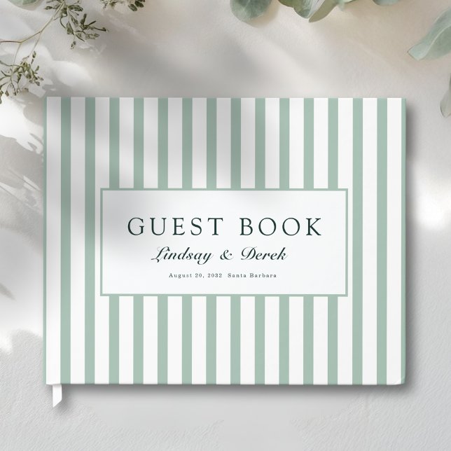 Libro De Visitas Boda Costera con Franjas Verdes Elegantes (Elegant Green Stripes Coastal Wedding Guest Book)