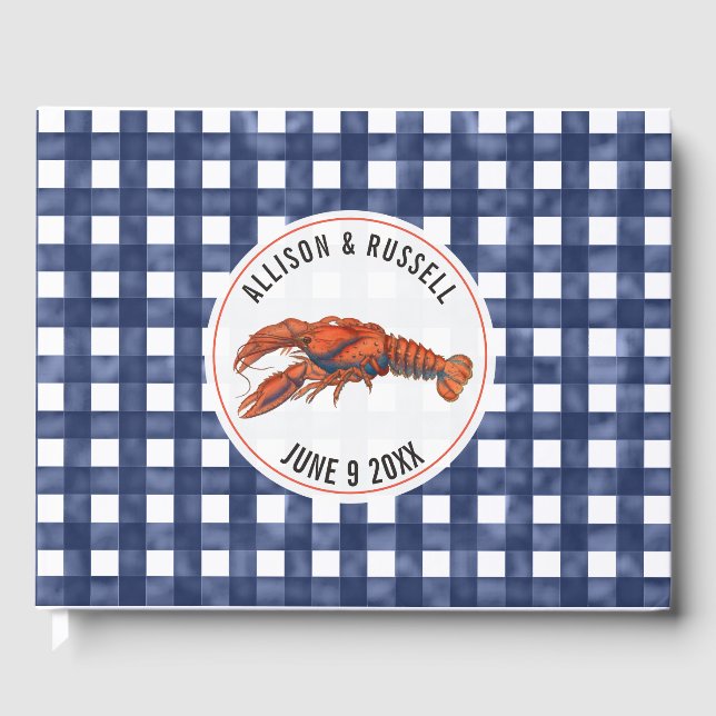 Libro De Visitas Boda costero Weathered Blue Gingham Lobster (Anverso)