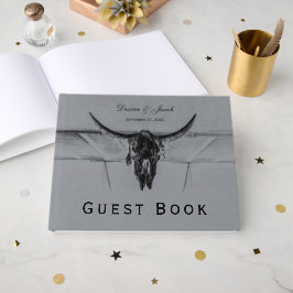 Libro De Visitas Boda Cráneo de Vaca Occidental Gris Rústico Negro
