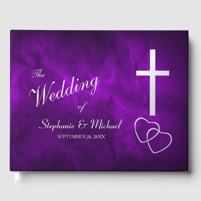 Libro De Visitas Boda cruzado cristiano morado plateado (Anverso)