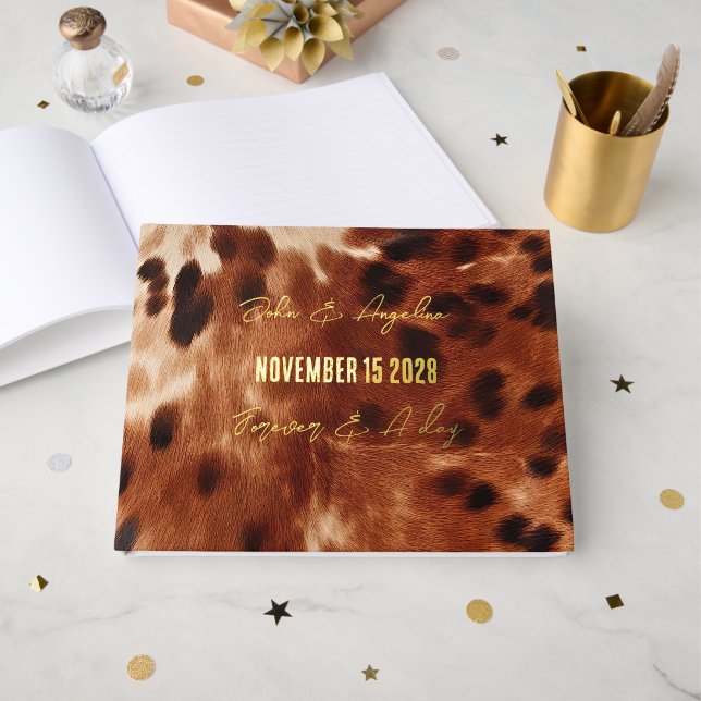 Libro De Visitas Boda Cuero de Vaca Negro Crema Marrón (Anverso Abierto)