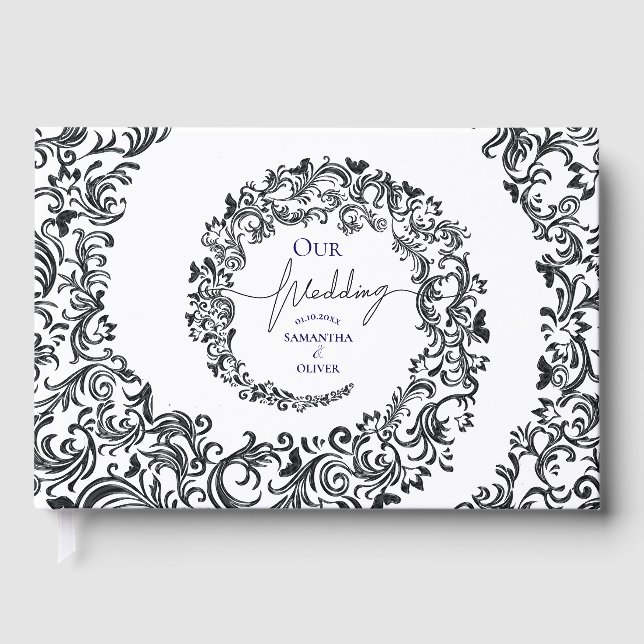 Libro De Visitas Boda Damask elegante en blanco y negro (Anverso)