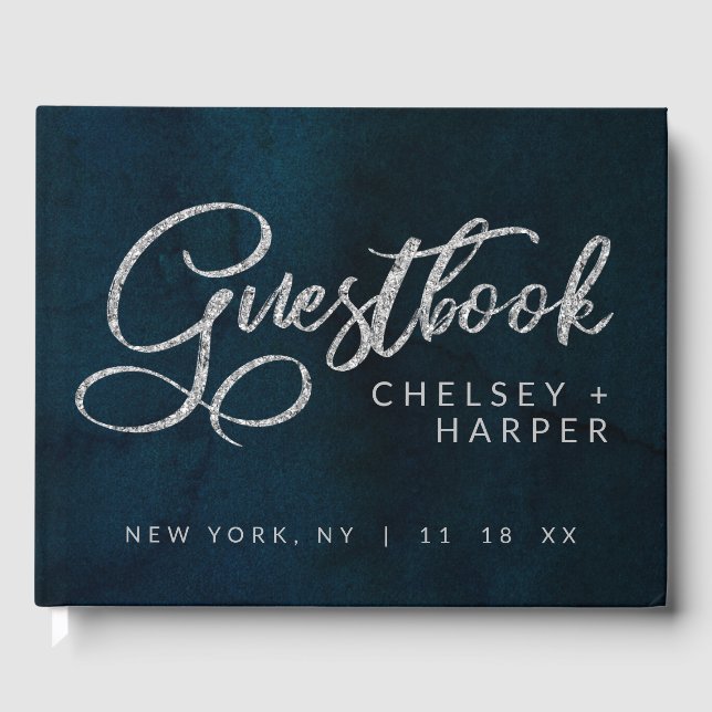 Libro De Visitas Boda de acuarela azul oscuro de luster (Anverso)