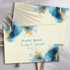 Libro De Visitas Boda de acuarela azul y dorado abstracto