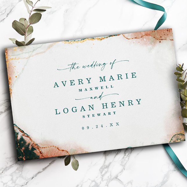 Libro De Visitas Boda de acuarela de abstracto moderno Verde azulad (Elegant Teal and Copper Watercolor Wedding Guest Book)