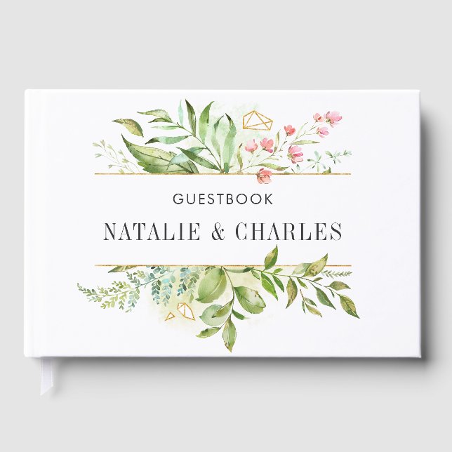 Libro De Visitas Boda de acuarela de follaje verde de flores silves (Anverso)