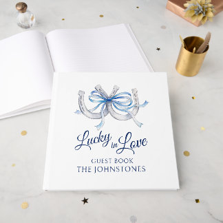 Libro De Visitas Boda de acuarela de herraduras con cinta azul