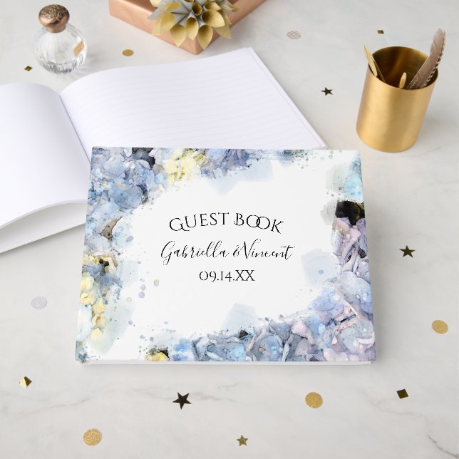 Libro De Visitas Boda de acuarela de las flores de hidrangea azul (Anverso Abierto)