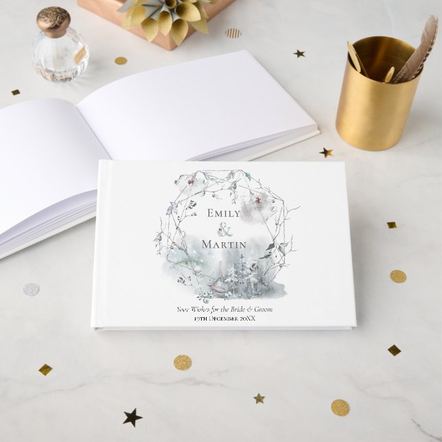 Libro De Visitas Boda de acuarela festiva de floliage de invierno (Anverso Abierto)