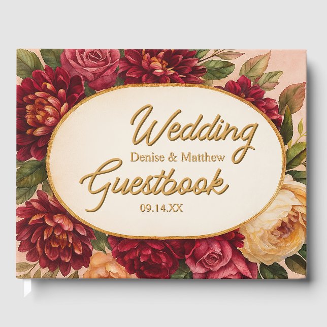 Libro De Visitas Boda de acuarela floral de Rubor Burgundy (Anverso)