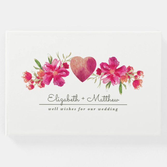 Libro De Visitas Boda de acuarela floral verde de Fuchsia (Anverso)