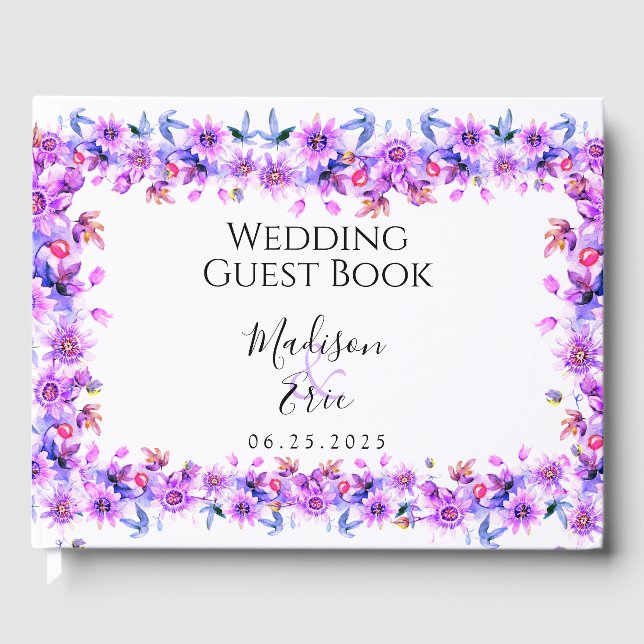 Libro De Visitas Boda de acuarela morado floral (Anverso)