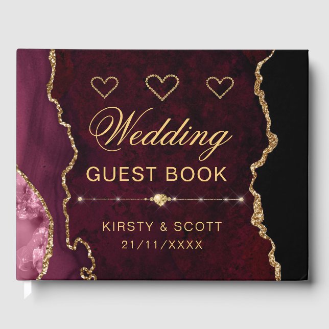 Libro De Visitas Boda de ágata con brillo falso rojo y dorado (Anverso)