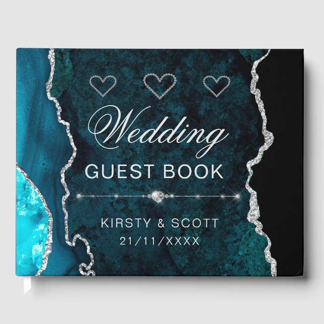 Libro De Visitas Boda de Ágata Falsa Brillante Turquesa y Plata (Anverso)