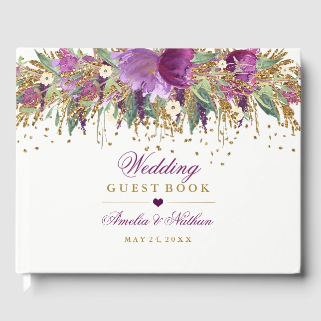Libro De Visitas Boda de Amethyst Floral Sparkling (Anverso)