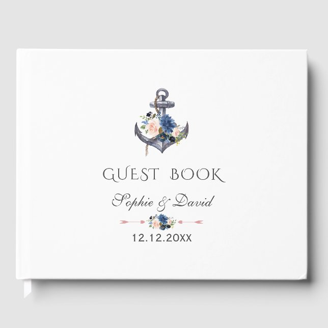 Libro De Visitas Boda de ancla floral azul Rubor rosa náutico (Anverso)