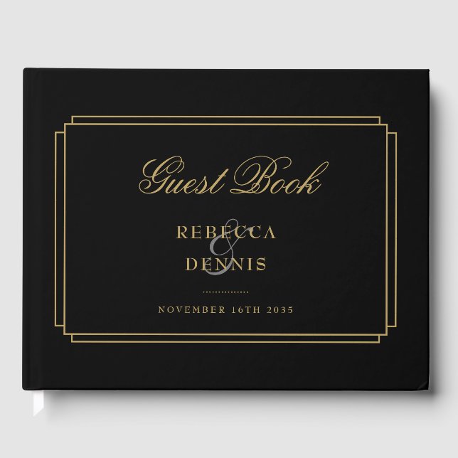 Libro De Visitas Boda De Art Decó Clásico De Negro Y Oro (Anverso)