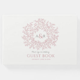 Libro De Visitas boda de arte en monograma de hoja rosa y blanca de