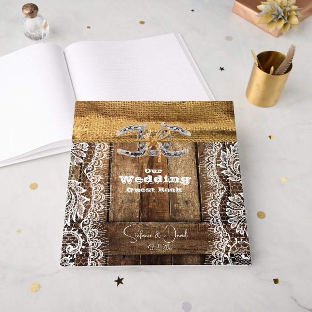 Libro De Visitas Boda de Barnwood Country Lace Horseshoes (Anverso Abierto)