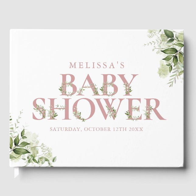 Libro De Visitas Boda de Bebé Carta Rosado Polvoriento con Follaje (Anverso)