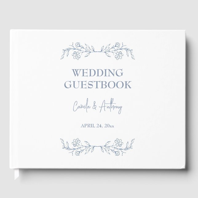 Libro De Visitas Boda de borde superior de Blue Floral Boho (Anverso)