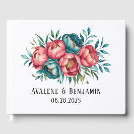 Libro De Visitas Boda de Bouquet de Coral y Peonies Verde azulados
