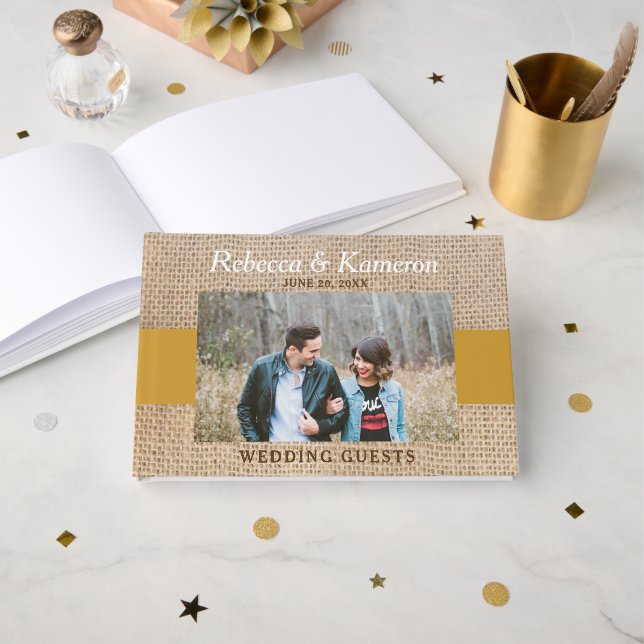 Libro De Visitas Boda de Burlap y Gold Photo (Anverso Abierto)