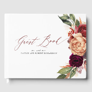 Libro De Visitas Boda de caída floral borgoñona, roja y Naranja