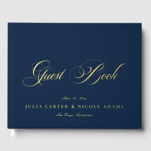 Libro De Visitas Boda de Caligrafía en Oro Azul Marino Clásico