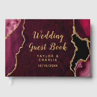 Libro De Visitas Boda de Canica de Ágata Rojo y Dorado