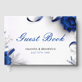 Libro De Visitas Boda de cintas de flores azules y plateadas de la