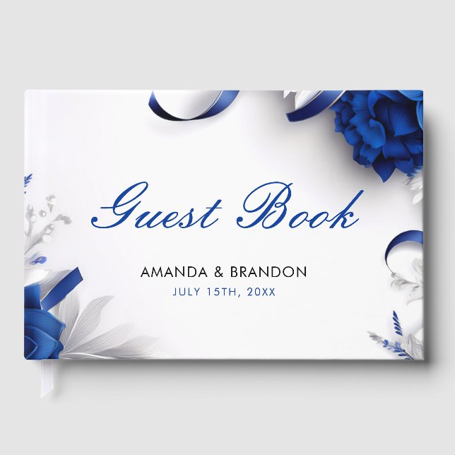 Libro De Visitas Boda de cintas de flores azules y plateadas de la  (Anverso)