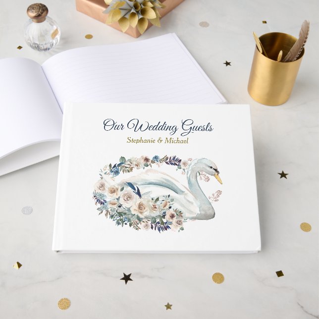 Libro De Visitas Boda de cisne floral blanca (Anverso Abierto)