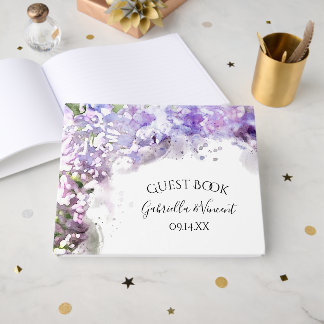 Libro De Visitas Boda de color de agua morado de flores de lino