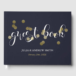 Libro De Visitas Boda de Confetti Azul y Oro Oscuro